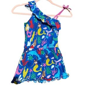Mini Boden One Shoulder Romper Jumpsuit Girls Size 6-7 Blue Mermaid Playsuit